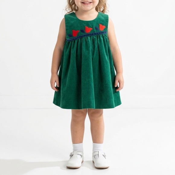 Unbranded Other - Vintage Baby Girls Green Corduroy Dress Tulip Embroidery Toddler 24m 100% Cotton